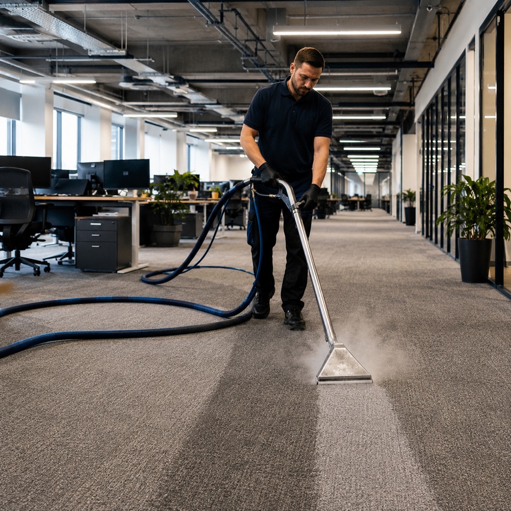 Technician performing steam extraction on commercial carpet