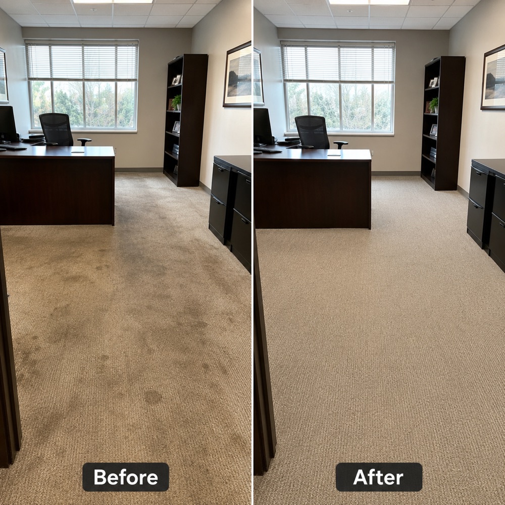 Before and after comparison of professional carpet cleaning in an office