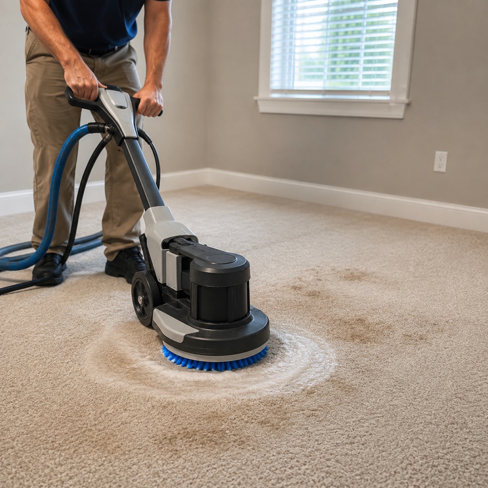 Rotary machine agitating carpet fibers before steam extraction